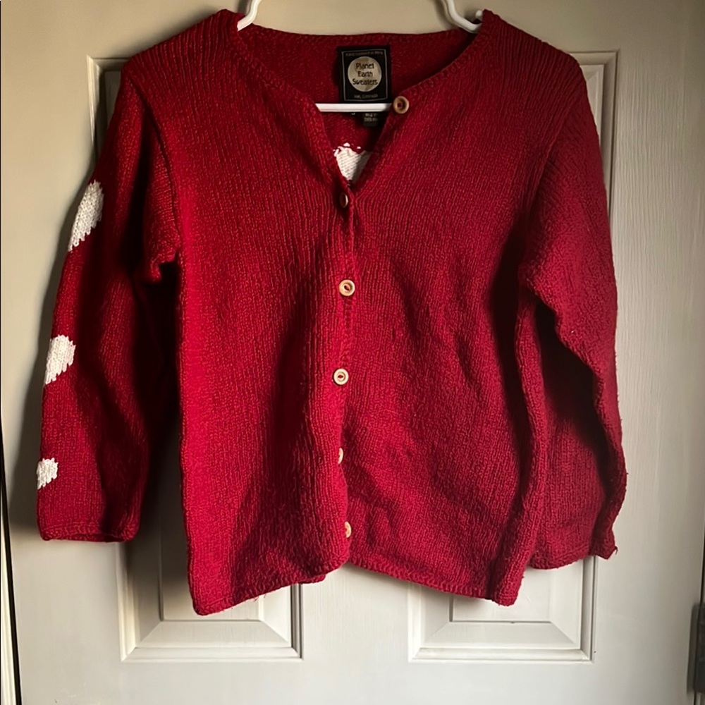 Red Button-Up Sweater with White Accents